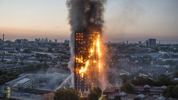 London's Grenfell tower burns in June 2017.
