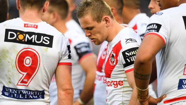 Blowing off steam: James Graham and Matt Dufty, above, exchanged words after a heavy loss to the Bulldogs.