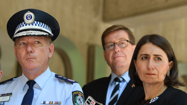 Police Commissioner Mick Fuller, Police Minister Troy Grant and Premier Gladys Berejiklian announce the 1500 new police officers on Tuesday. 