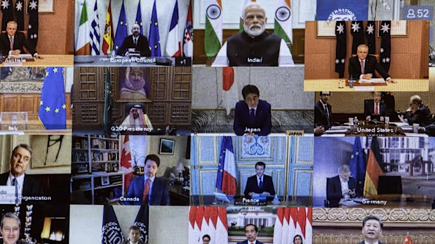 A view of members taking part on screen during an unusual G20 summit.