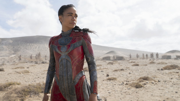 Lauren Ridloff plays the super-fast Makkari, cinema’s first deaf superhero. 