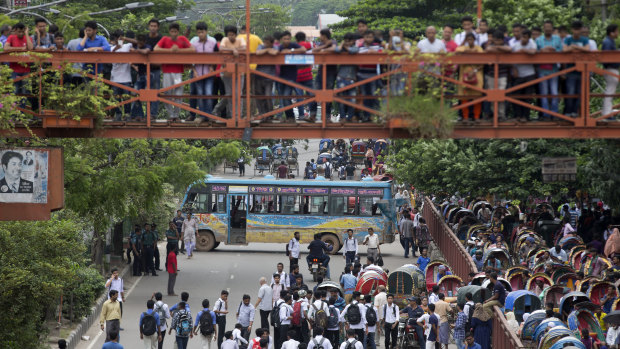 Bangladeshi students block a road during a protest in Dhaka last Wednesday.