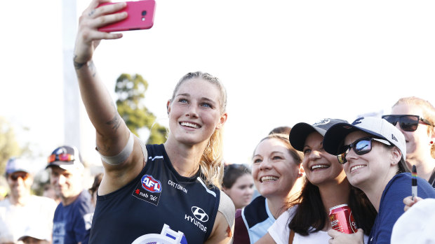 True Blue: Tayla Harris meets and greets Carlton fans.