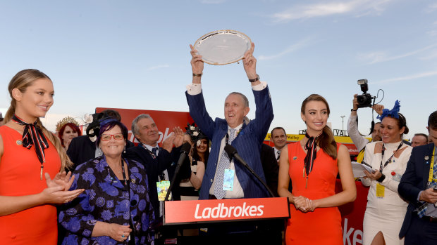 Winx owners Debbie Kepitis and Peter Tighe celebrate after winning the Cox Plate for the third time.