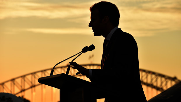 French President Emmanuel Macron makes a speech about the Indo-Pacific on board the Australian ship HMAS Canberra in Sydney in 2018.