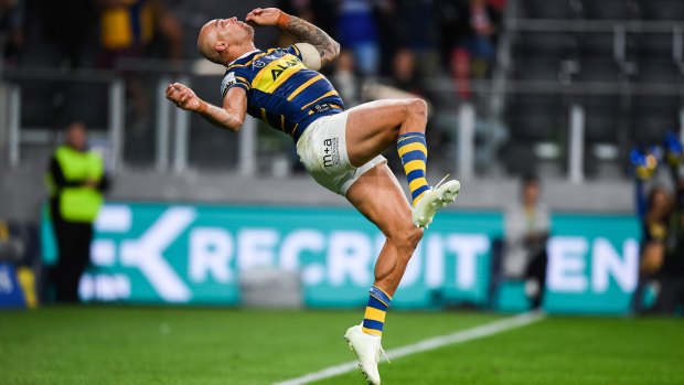 Blake Ferguson flips out after scoring a spectacular try in the Eels win at Bankwest Stadium.
