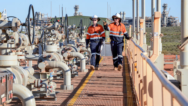 Technicians at Chevron's carbon capture and storage project at the Gorgon LNG site on Barrow Island off WA.