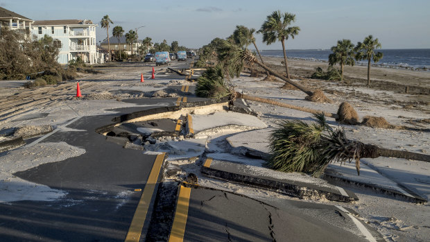 A section of State Highway 38 is destroyed after Hurricane Michael hit in Mexico Beach, Florida.