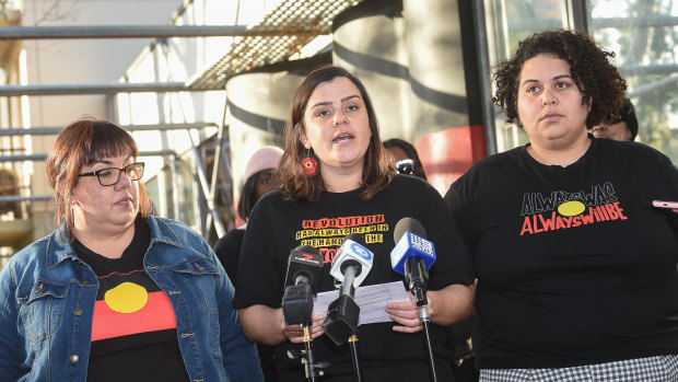 (L-R) Crystal McKinnon, Meriki Onus and Tarneen Onus-Williams announcing their intention to go ahead with the rally in 2020.