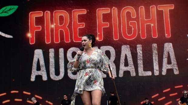 Celeste Barber on stage as MC
at Fire Fight Australia Bushfire relief concert.