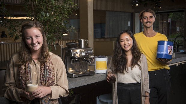 Directors, from left, Brianna Kerr, Monica Wang and Brody Smith (co-founder with Darcy Small, not pictured) of youth-founded, circular-economy coffee start-up Bugisu Project. 