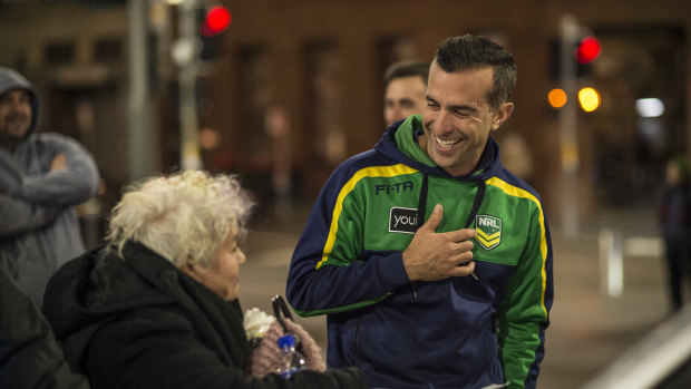 Good decision: Matt Cecchin chats with a woman during a night helping Sydney's homeless.