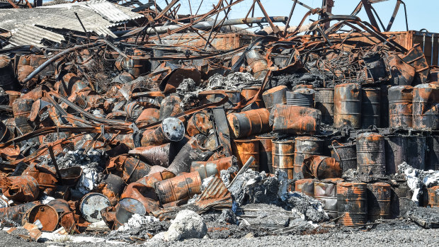 Burnt drums left behind after the warehouse fire in Tottenham.