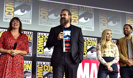 Director Cate Shortland (left) with David Harbour, Florence Pugh and O.T. Fagbenle from Black Widow at the San Diego Comic-Con in 2019.