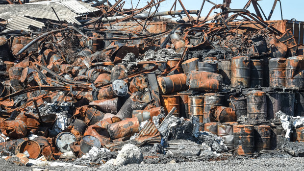 Burned drums left behind after the warehouse fire in Tottenham