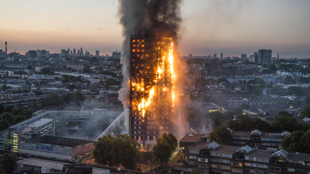 London's Grenfell tower burns in June 2017.
