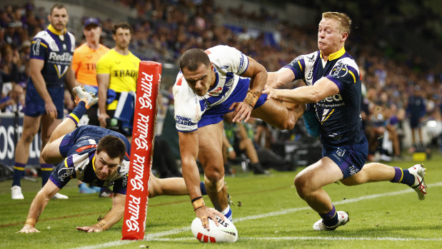 Jacob Kiraz crosses in the corner for one of his two tries in an eye-catching performance against the Storm.