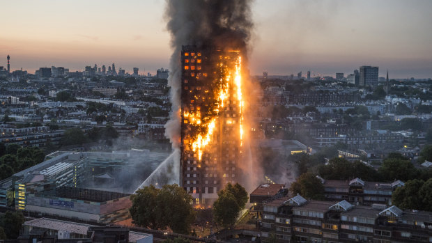 London's Grenfell tower burns in June 2017.
