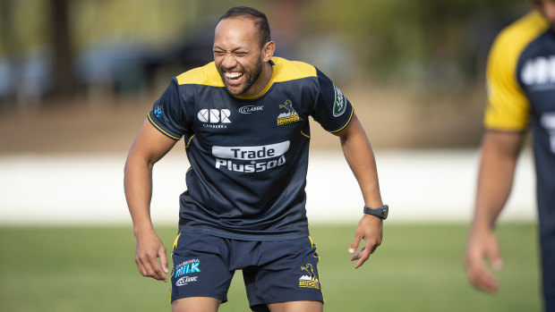 A smiling Christian Lealiifano is back at ACT Brumbies training.
