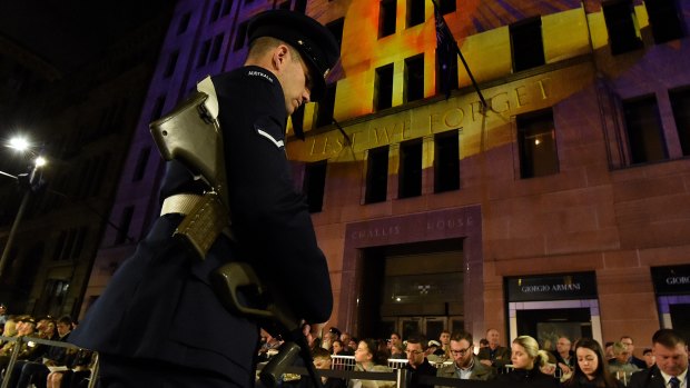 Thousands gathered for the ANZAC day dawn service at the cenotaph in Martin Place, Sydney.