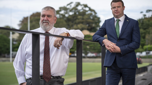 Shane Richardson with South Sydney CEO Blake Solly after Richardson's announcement that he would leave the club to save money due to the coronavirus crisis.