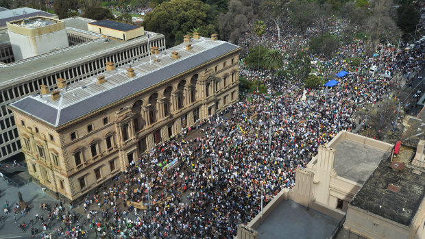 Protesters start gathering outside the Old Treasury Building.