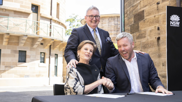 National Art School chair Carolyn Fletcher, Arts Minister Don Harwin and Craig Limkin at the signing on Monday.