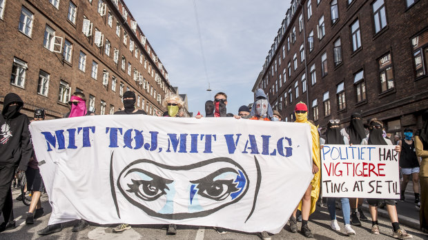Demonstration on the first day of the implementation of the Danish face veil ban in Copenhagen, Denmark.
