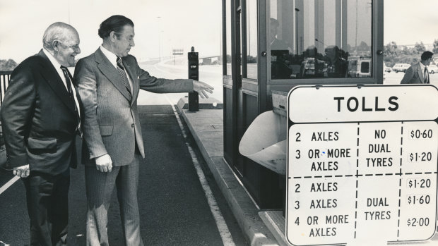 Premier Dick Hamer [R] with the chairman of the West Gate Authority, Mr O. Meyer, at the opening of the West Gate Bridge. 