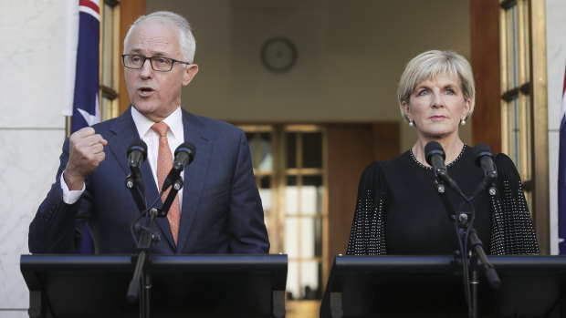 Malcolm Turnbull and Julie Bishop at Parliament House on Tuesday.