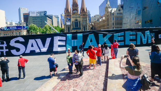 A February 1 rally in Melbourne's Federation Square calls for freedom for Hakeem al-Araibi. 