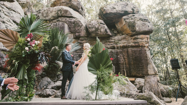 Nadia and Daniel Berrell's 2018 marriage at the rock cathedral at Kangaroo Valley Bush Retreat, which was destroyed by the Currowan fire.