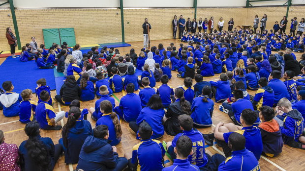 Jack Buckskin teaching the local Indigenous language at Northfield Primary School in Adelaide. 