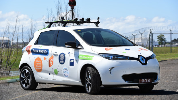 The Renault ZOE electric car fitted out with sensors and cameras for the joint QUT-Queensland Government Cooperative and Highly Automated Driving (CHAD) pilot program.