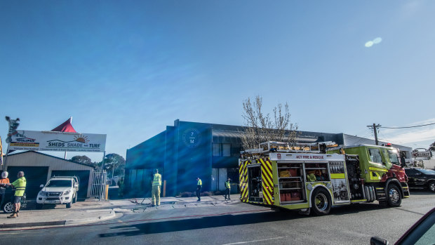 Firefighters outside Seven Miles Coffee Roasters in Fyshwick on Thursday morning.