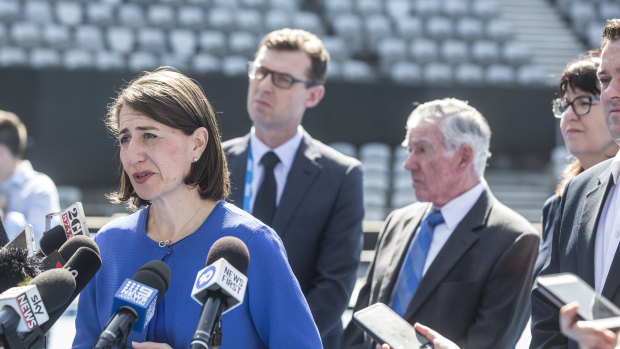 Premier Gladys Berejiklian announcing a $50 million upgrade to Sydney Olympic Park tennis centre.