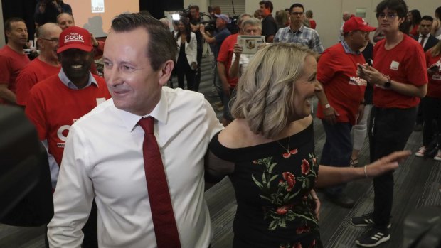 Mark McGowan with his wife Sarah after his record-breaking win.
