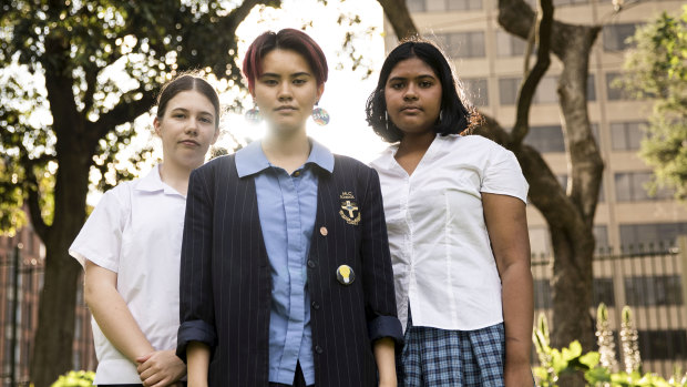 Veronica Hester, Imogen Kuah and Natasha Abhayawickrama are leading student climate actions on Friday.