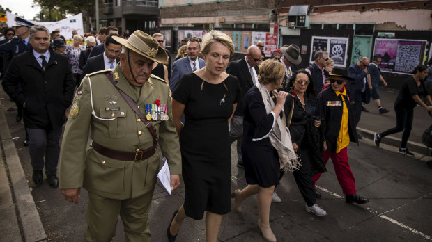 Colin Watego and MP Tanya Plibersek at the commemoration service last Anzac Day.