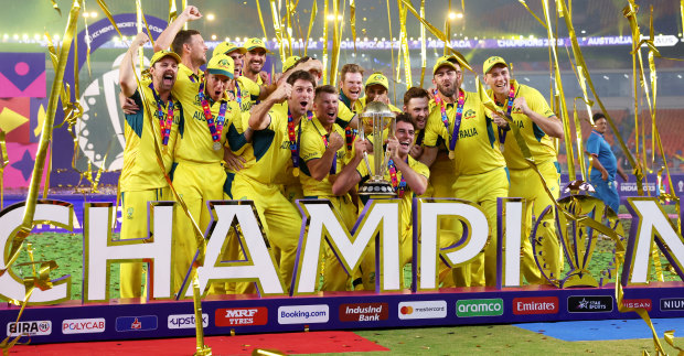 Pat Cummins and the Australians celebrate their World Cup win.