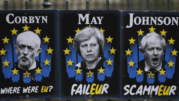 Anti Brexit placards outside the Houses of Parliament.