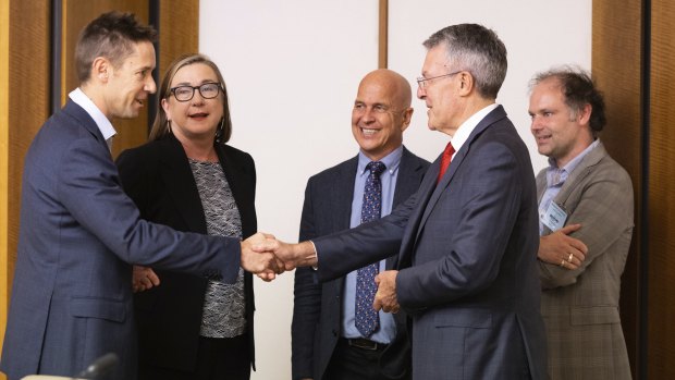 Nine’s managing director of Publishing, James Chessell (left), Guardian Australia editor Lenore Taylor, Peter Greste from the Alliance for Journalists’ Freedom, Attorney-General Mark Dreyfus,  and Schwartz Media’s Erik Jensen before the meeting.