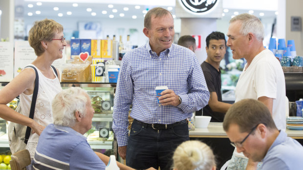 Former prime minister Tony Abbott meets voters at Bridgepoint Shopping Centre in Mosman on Saturday.