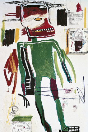 Detail of Jean-Michel Basquiat's "Because it hurts the lungs" (1986). Acrylic, collage on wood. Museum MACAN, Jakarta.

