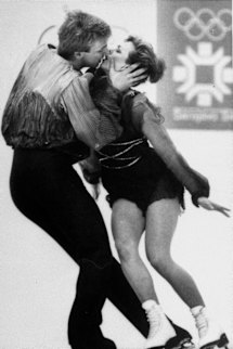Jayne Torvill and Christopher Dean kiss during their famous “Bolero” routine at the 1984 Winter Olympics in Sarajevo. They racked up an unprecedented 12 perfect scores to win the gold medal for this performance.