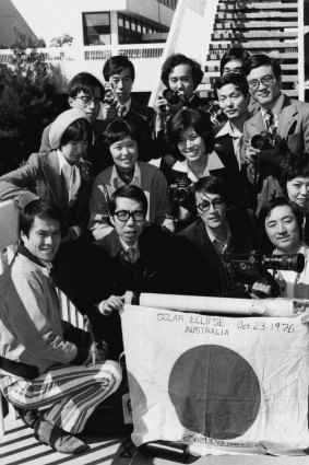 Astronomy students from Japan arrive in Sydney for the eclipse on October 20, 1976.