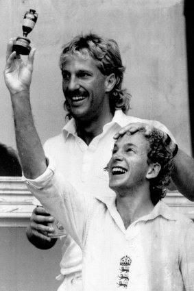 Ian Botham and England captain David Gower celebrate the 3-1 Ashes series victory in 1985.