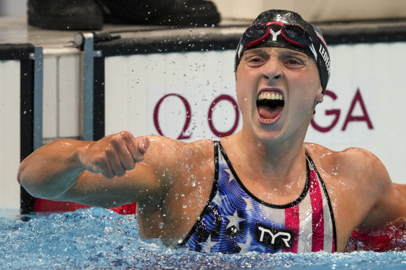 Katie Ledecky reacts after winning the inaugural women’s 1500m freestyle. 