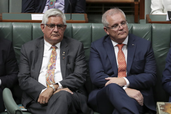 Indigenous Australians Minister Ken Wyatt with Prime Minister Scott Morrison during the Closing the Gap addresses to Parliament.