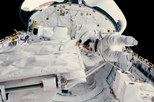 Kathy Sullivan floating during a space walk from the shuttle Challenger in 1984. 